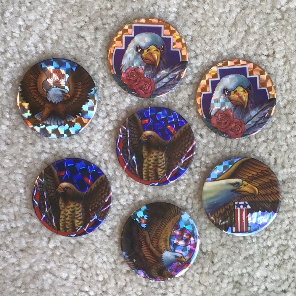 Set of 7 Vintage USA Eagle Graphics Collectible Pogs